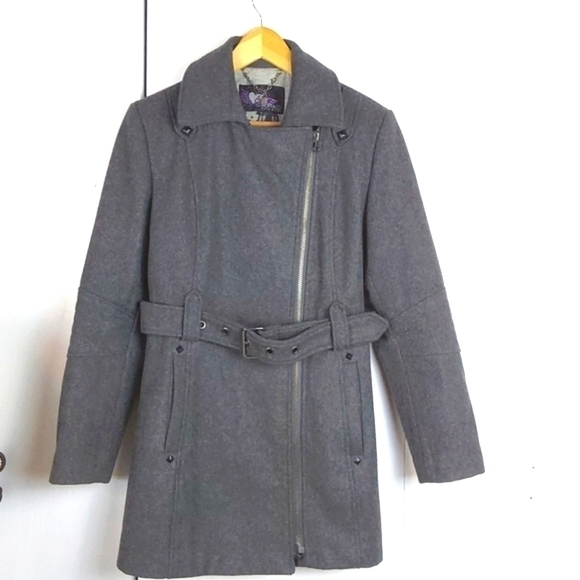Buffalo David Bitton Dark Gray Warm Wool Belted Pea Coat Neutral winter mod Sz.M - Picture 5 of 13
